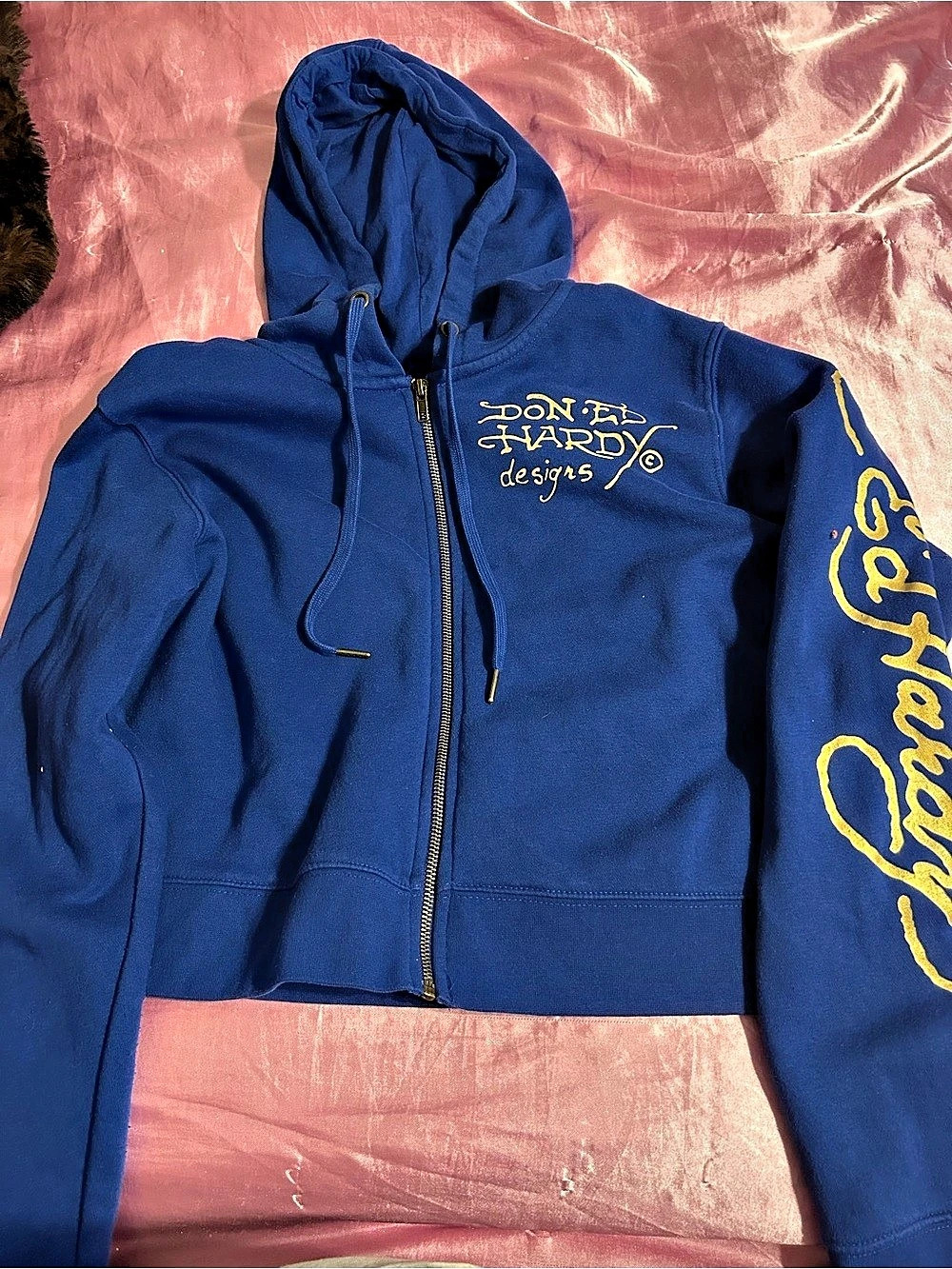 Ed Hardy Tiger Lotus Zip Front Hoodie Blue